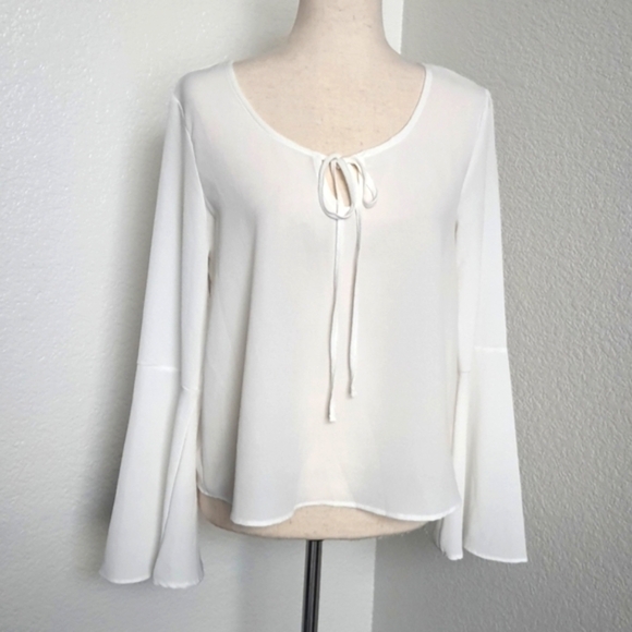 Polly & Esther Tops - Polly & Esther Sheer Bell Sleeve Top Keyhole Tie Relaxed Fit Boho White